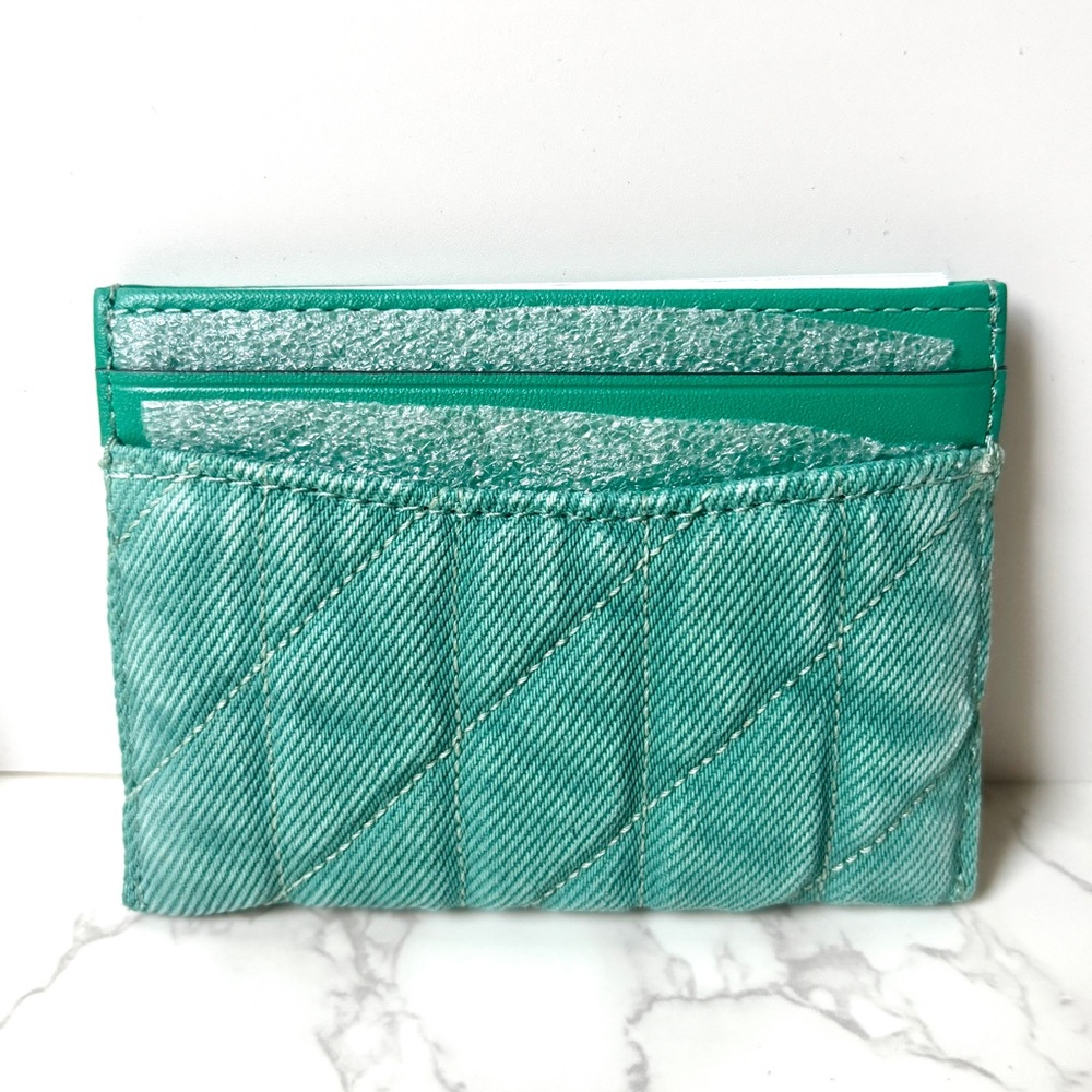 New Coach Quilted Denim Card Case Mini Wallet Holder Green - Picture 4 of 8